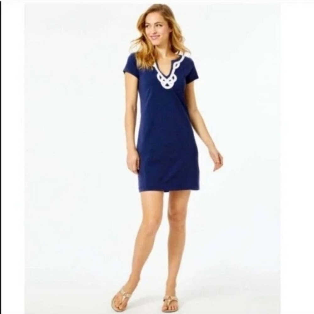 Lilly Pulitzer Navy Brewster Dress Embordered Nautical Womens Size M Pima Cotton - Picture 2 of 9